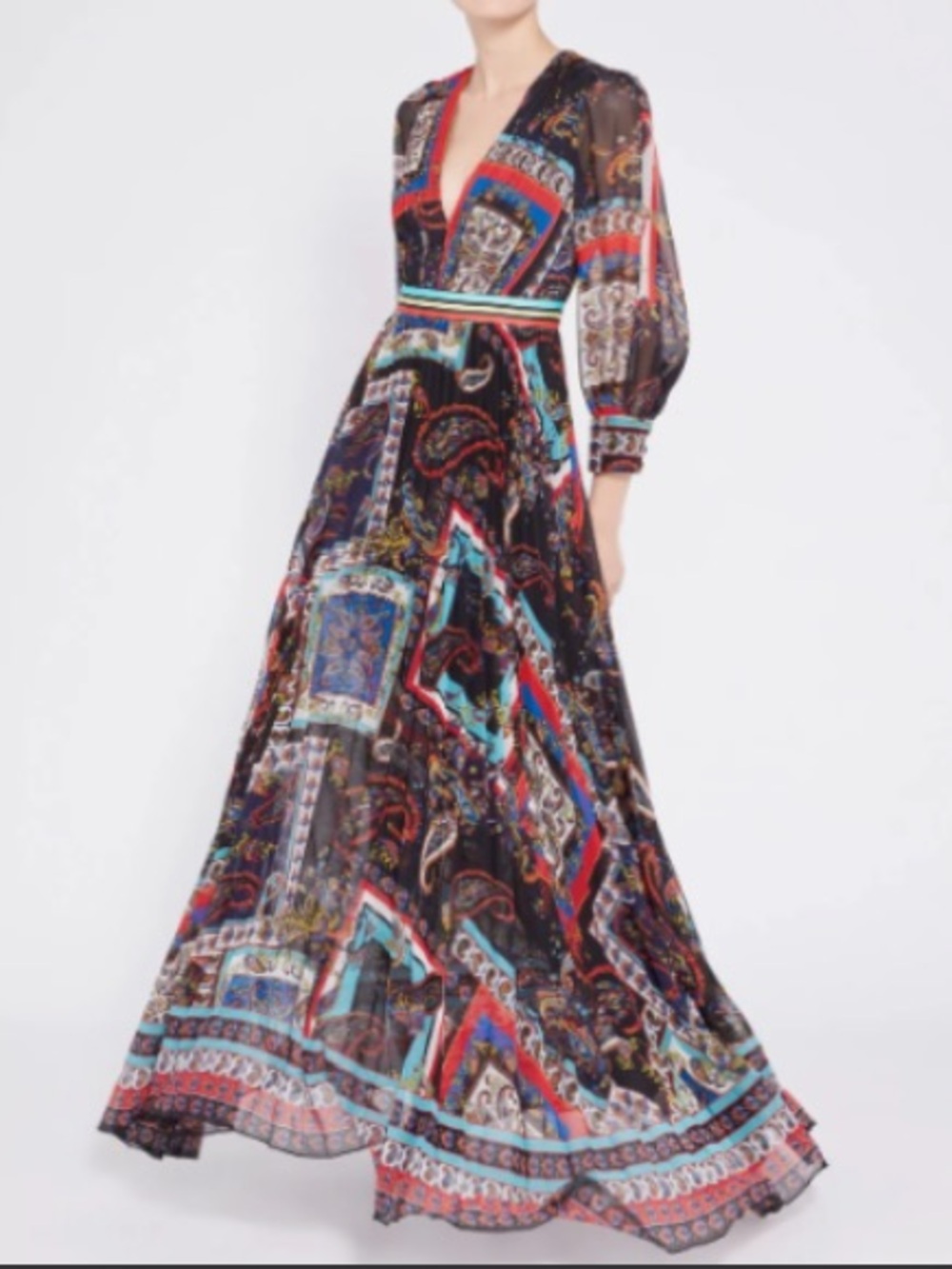 Alice + Olivia Cheney Slit Sleeve Pleated Dress Royalty Paisley